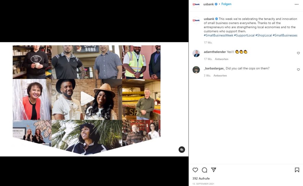 Screenshot des Instagram-Auftritts der U.S. Bank als Beispiel dafür, wie Finanzberater Kunden gewinnen können.