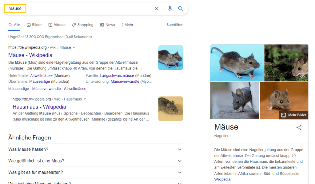 Screenshot der Suchergebnisse für das Keyword Mäuse